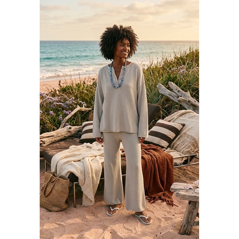 Free People Beach Hailee Cropped Wide Leg Knit Pants Sz M Lounge Coastal Resort